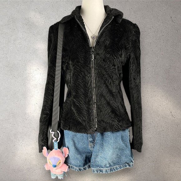 Giancarlo Ferrari Faux Fur Jacket Womens 4 Black Zip Up Y2K Indie Sleaze Blazer - Picture 1 of 6